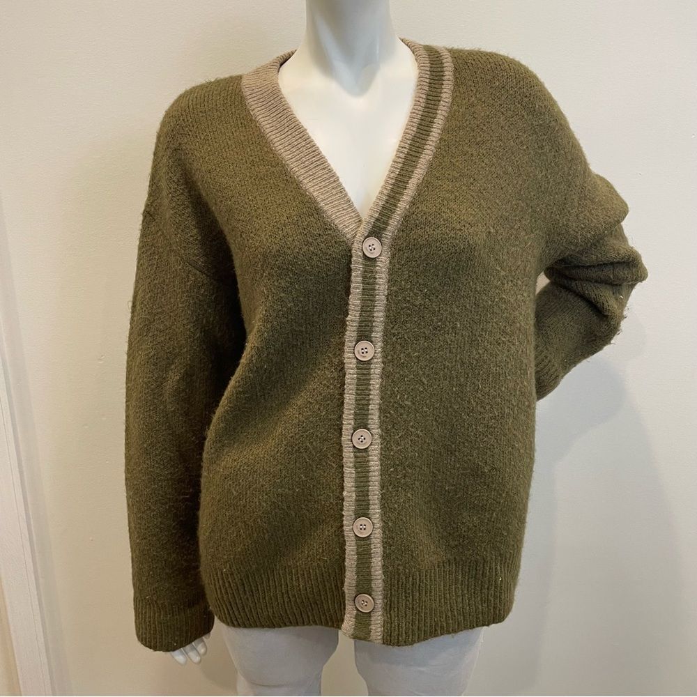OAK + FORT Dark Olive Green & Tan Oversized Cardigan Grandpa Sweater